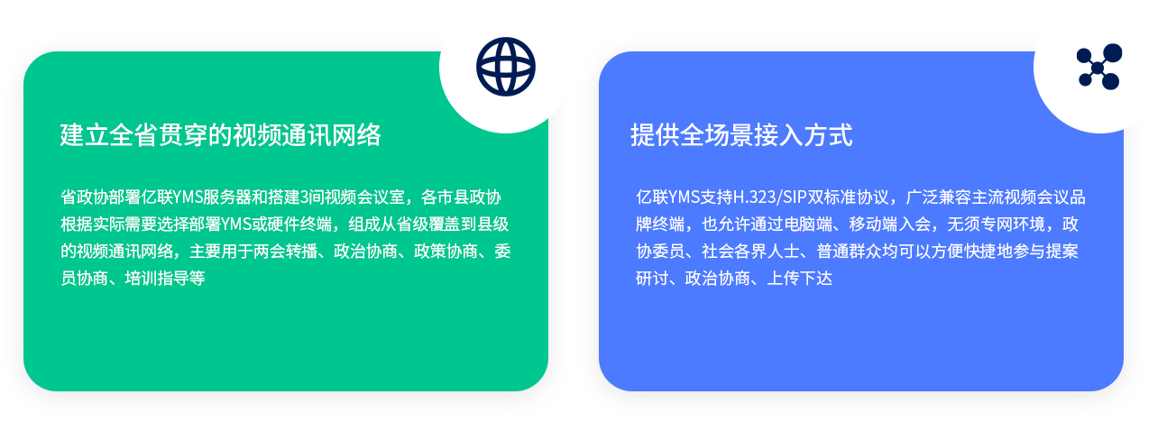 建设全省贯串的视频通讯网络 省政协安排z6尊龙官方网站登录入口YMS服务器和搭建3间视频聚会室，各市县政协凭证现实需要选择安排YMS或硬件终端，组成从省级笼罩到县级的视频通讯网络，主要用于两会转播、政治协商、政策协商、委员协商、培训指导等。 提供全场景接入方法 z6尊龙官方网站登录入口YMS支持H.323/SIP双标准协议，普遍兼容主流视频聚会品牌终端，也允许通过电脑端、移动端入会，无须专网情形，政协委员、社会各界人士、通俗群众均可以利便快捷地加入提案钻研、政治协商、上传下达。 