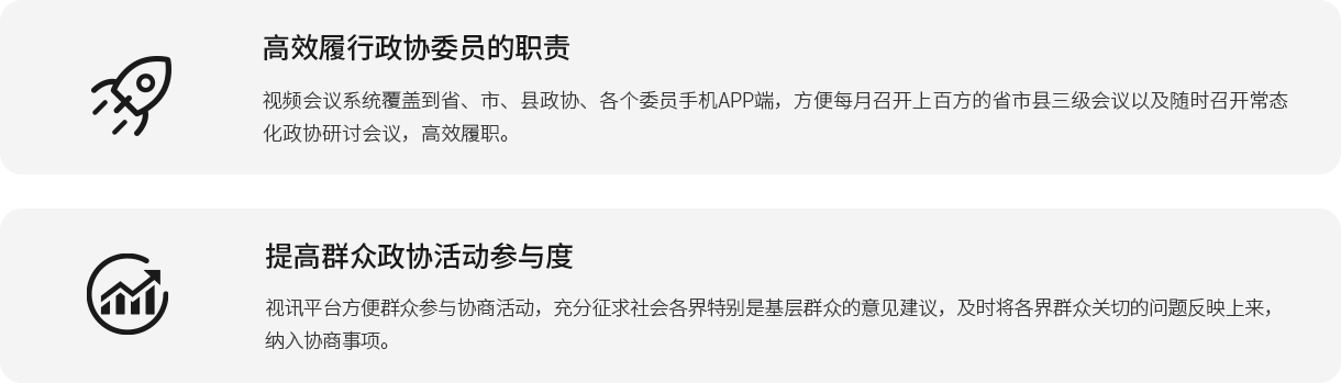 高效推行政协委员的职责 视频聚会舷笼罩到省、市、县政协、各个委员手机APP端，利便每月召开上百方的省市县三级聚会以及随时召开常态化政协钻研聚会，高效履职。 提高群众政协活动加入度 视讯平台利便群众加入协商活动，充分征求社会各界特殊是下层群众的意见建议，实时将各界群众关切的问题反应上来，纳入协商事项。